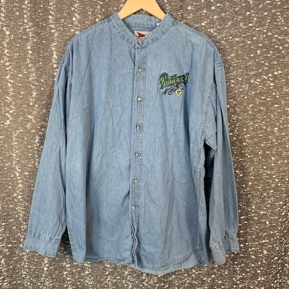Vintage Green Bay Packers Embroidered Pro‎ Elite Denim Button Up Shirt XXL